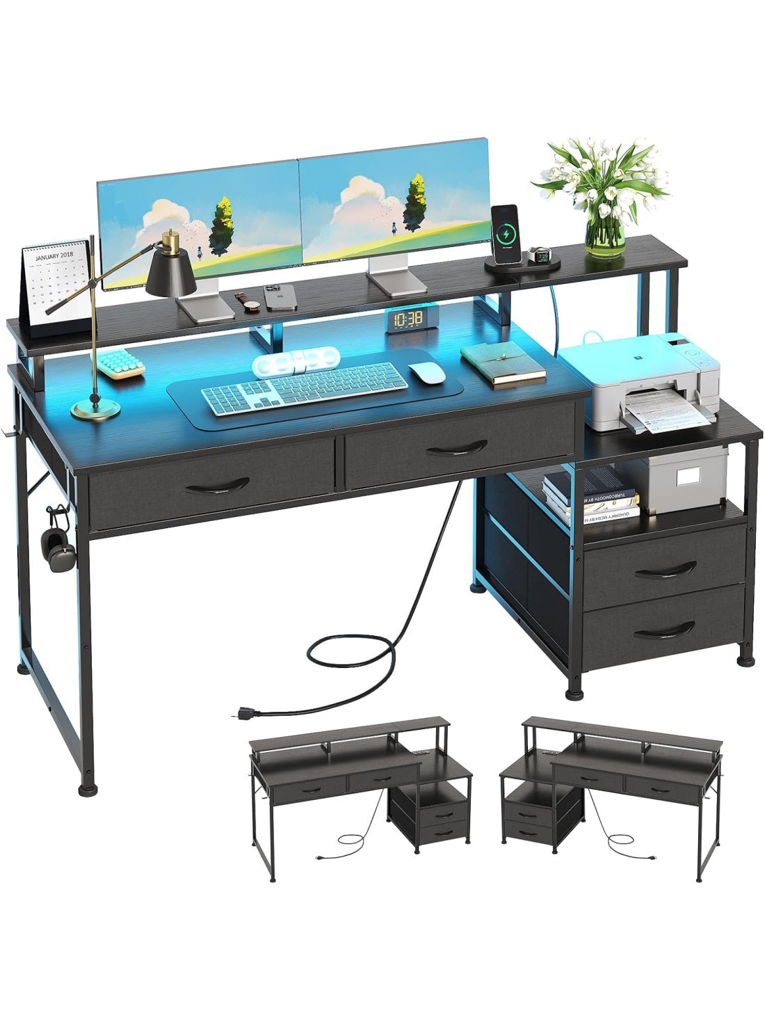 Computertisch mit vier Schubladen Steckdosen LED Beleuchtung und Monitoraufsatz in Schwarz fur Homeoffice und Gaming