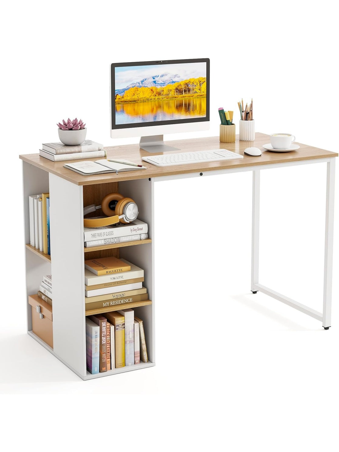 Computertisch 115 x 59 cm mit funf Fachern und Metallrahmen in Natur und Weiss