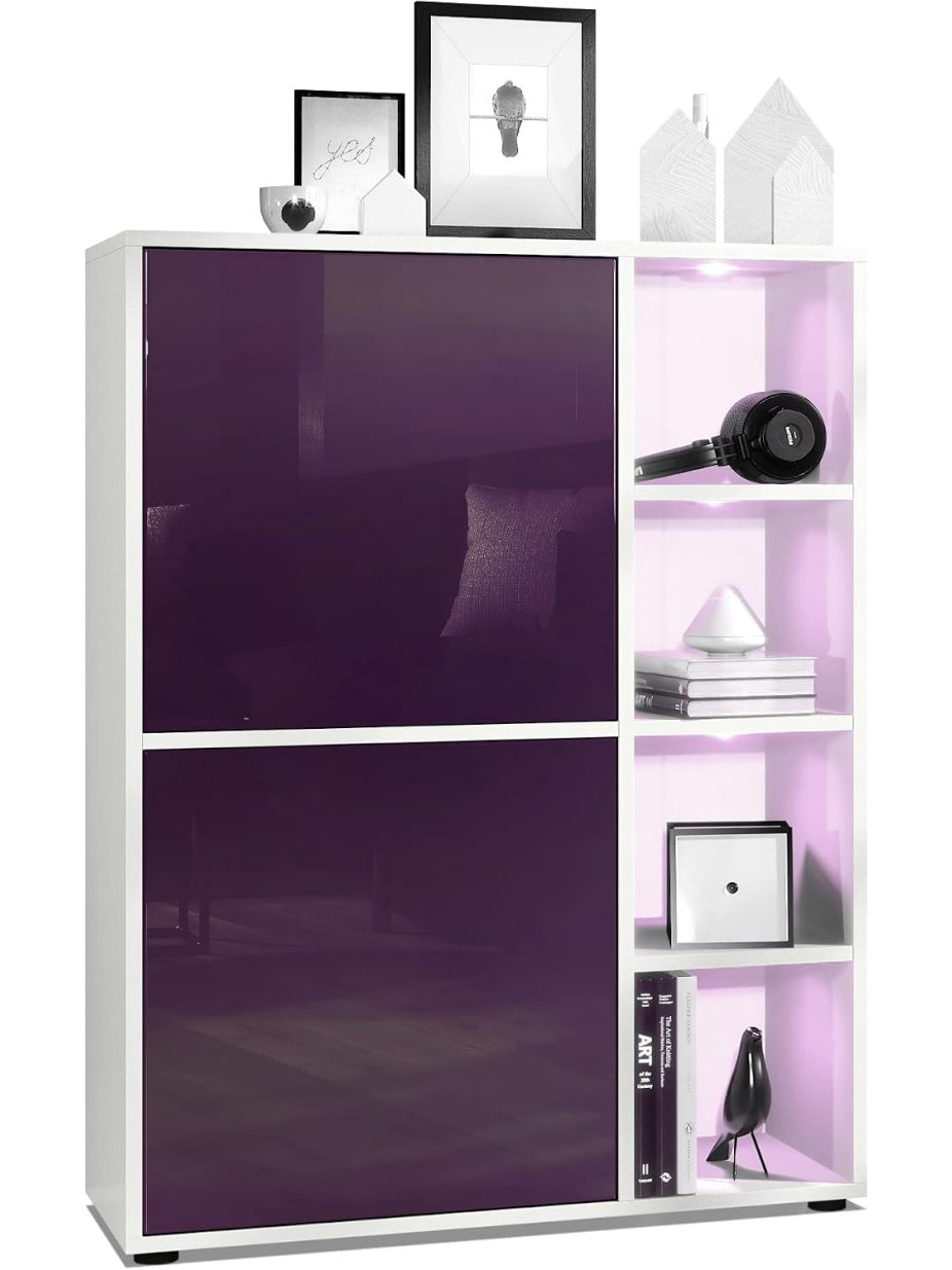 Highboard mit acht Fachern in Weiss matt und Brombeer Hochglanz mit integrierter RGB LED Beleuchtung
