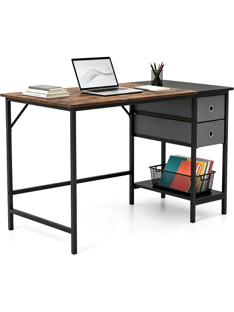 Schreibtisch 120 x 60 cm mit zwei Stoffschubladen und Ablage in Braun